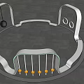 Modern Garden Landscape Featuring Circular Silver Metal Structures Hanging Rings Yellow Decorations And Gray Pavement