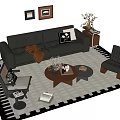 Modern Leather Sofa Coffee Table Set With Rug Armchair Floor Lamp And Wall Art
