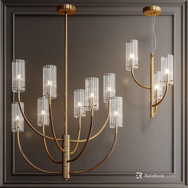Elegant Modern Chandelier With Golden Metal Frame And Clear Glass Cylinder Shades 3d model 