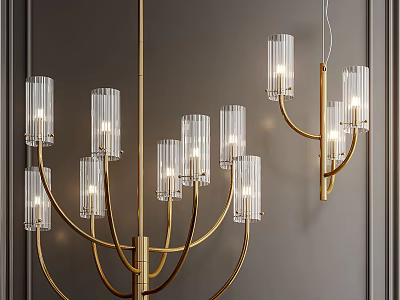 Elegant Modern Chandelier With Golden Metal Frame And Clear Glass Cylinder Shades 3d model