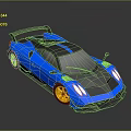 Blue Sports Car With Orange Wheels Rear Spoiler And Sleek Racing Design