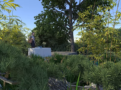 Tranquil Scenic Outdoor Landscape With Lush Trees Green Plants And Person By White Table 3d model
