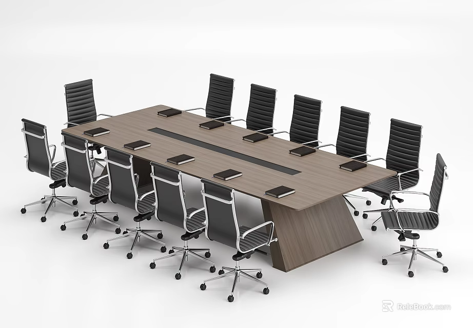 Modern Office Conference Table With Wooden Top And Black Swivel Chairs Setup 3d model 