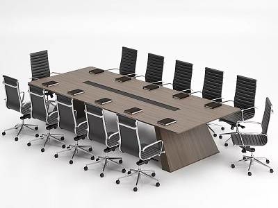Modern Office Conference Table With Wooden Top And Black Swivel Chairs Setup 3d model
