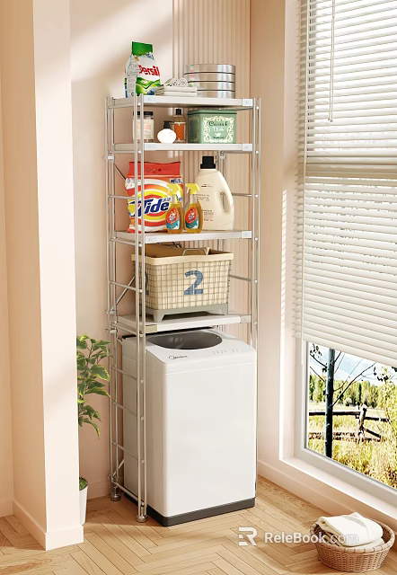 Laundry Room Metal Storage Shelf Above Washing Machine With Cleaning Supplies And Number 2 Basket 3d model 
