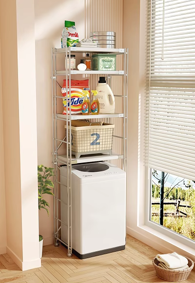 Laundry Room Metal Storage Shelf Above Washing Machine With Cleaning Supplies And Number 2 Basket 3d model