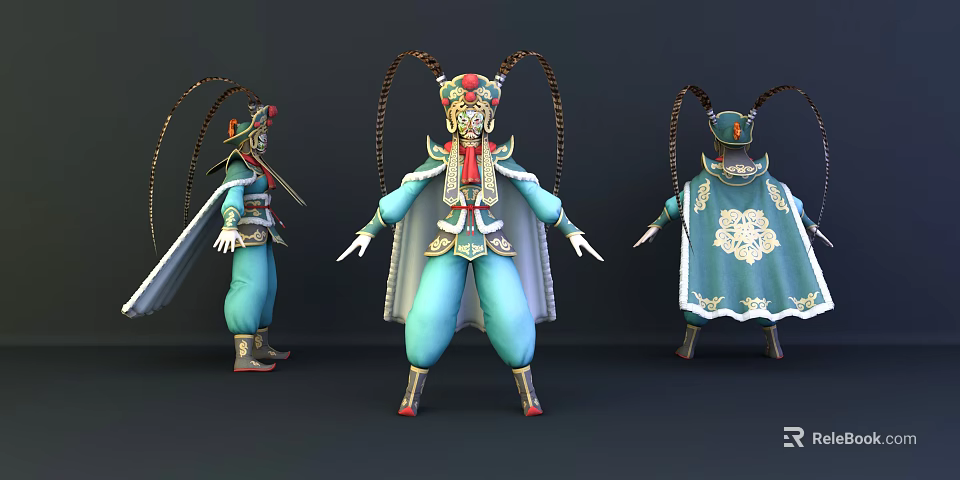 Game and Movie Character with Blue Outfit Ornate Headdress Cape and Traditional Mask Design 3d model 