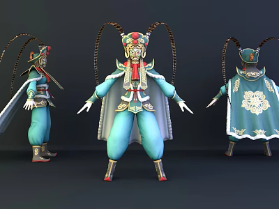 Game and Movie Character with Blue Outfit Ornate Headdress Cape and Traditional Mask Design 3d model