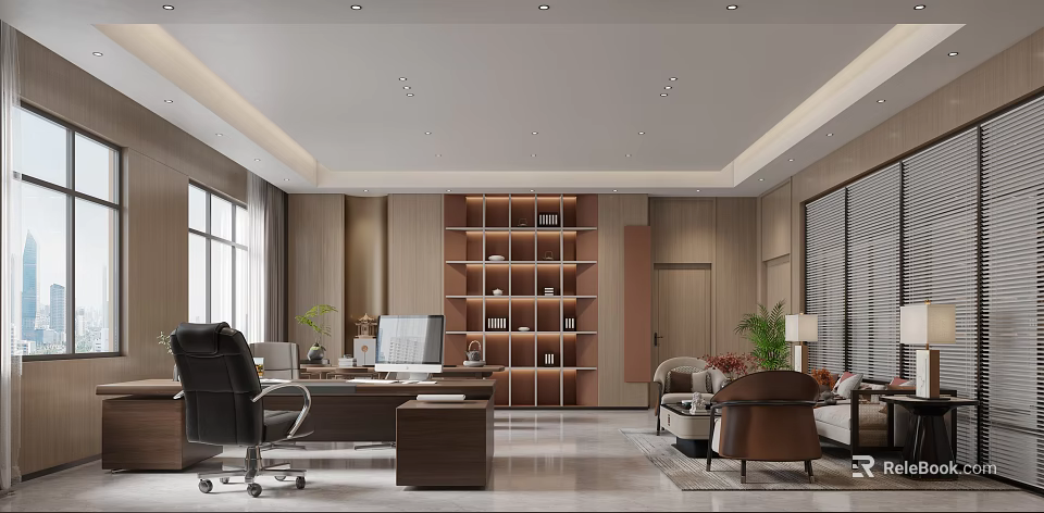 Modern Office Interior Design With Desk Computer Bookshelf Sofa Plants And Large Windows 3d model
