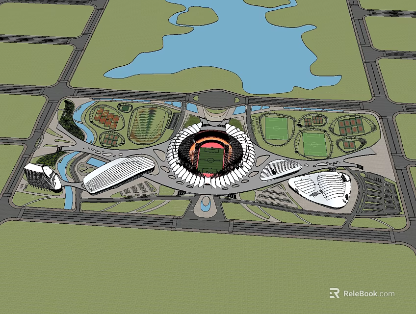 Sports Complex Master Plan With Circular Stadium Green Spaces And Central Lake 3d model