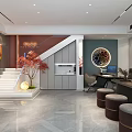 Modern Office Space Interior With Desk Computer Bookshelves Marble Counter Stools And Green Plant