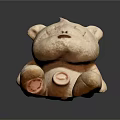 Light Beige Stuffed Bear Doll With Round Body Red Foot Imprint And Dark Background Reflection