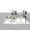 Modern Exhibition Booth Design With Glass Walls White Counter TV Screen And Furniture