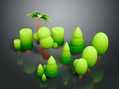 3D Modeled Green Plants With Various Shapes Including Palm Tree And Trunks On Dark Background 3d model