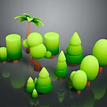 3D Modeled Green Plants With Various Shapes Including Palm Tree And Trunks On Dark Background