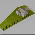 Residential Two Story House Model With Sloped Roof Green Lawn And Aligned Bushes