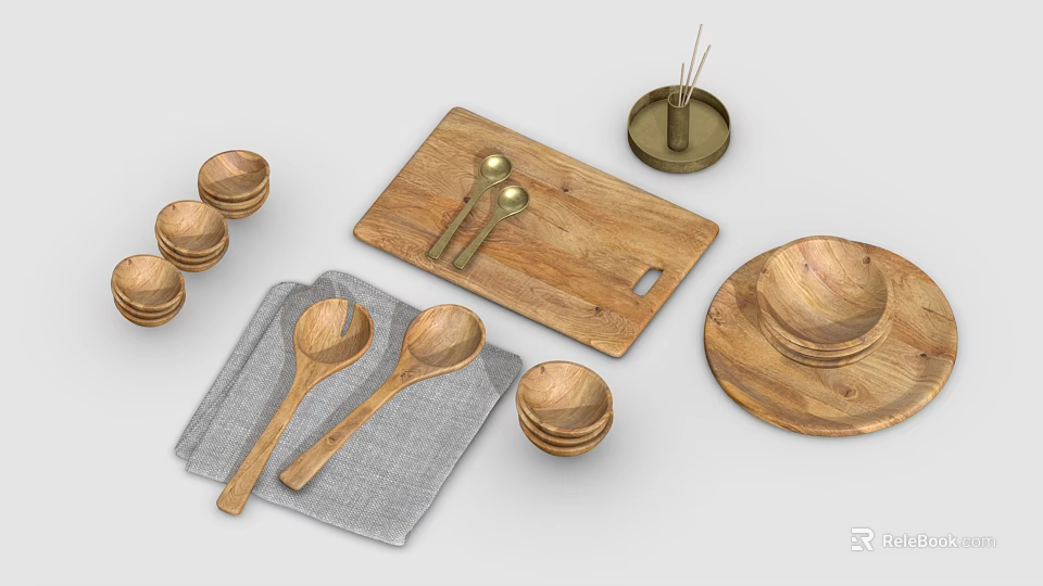 Wooden Tableware Set Including Spoons Bowls Plates And Cutting Board 3d model 