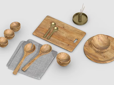 Wooden Tableware Set Including Spoons Bowls Plates And Cutting Board 3d model