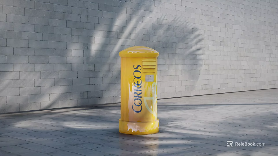 Outdoor Yellow Cylindrical Commercial Equipment Featuring CONGOS Branding Against Brick Wall with Palm Tree Shadows 3d model 