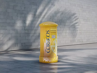 Outdoor Yellow Cylindrical Commercial Equipment Featuring CONGOS Branding Against Brick Wall with Palm Tree Shadows 3d model