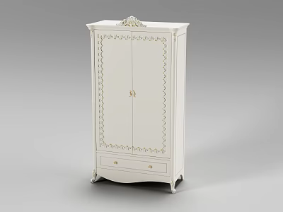 White Classical Style Wardrobe With Carved Patterns Double Doors And Decorative Top Drawer 3d model