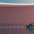 Green Sports Car Near Person Walking By Modern Wall With Colorful Lighting And Reflective Floor