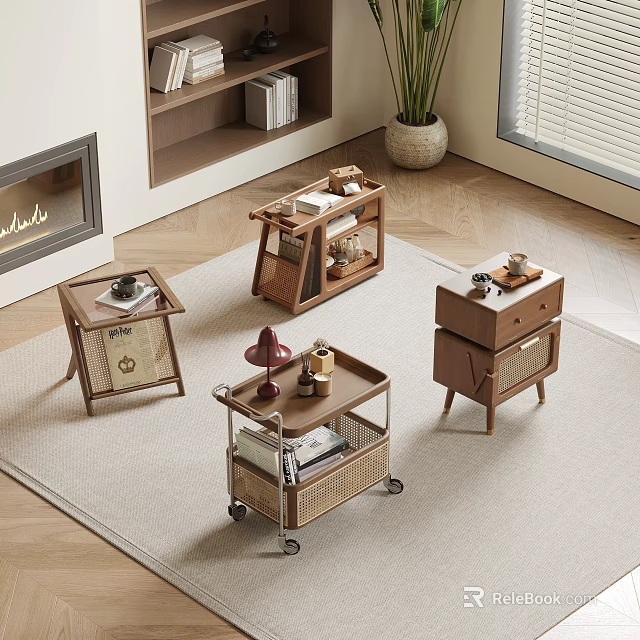Modern Wooden Side Tables With Storage Drawers Shelves And Wheels For Living Room 3d model 