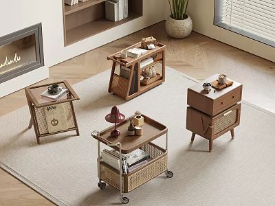 Modern Wooden Side Tables With Storage Drawers Shelves And Wheels For Living Room 3d model