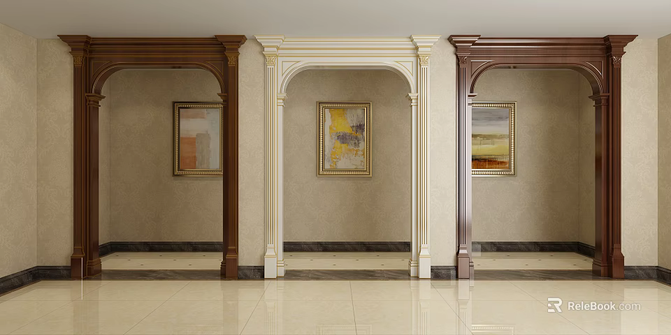 Three Door Arches With Paintings In Different Colors Beige Wall And Light Floor 3d model 