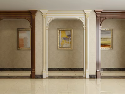 Three Door Arches With Paintings In Different Colors Beige Wall And Light Floor 3d model