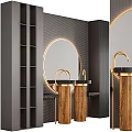 Modern Washbasin Design With Round Gold Frame Mirror Wooden Base And Black Countertop