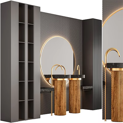 Modern Washbasin Design With Round Gold Frame Mirror Wooden Base And Black Countertop 3d model