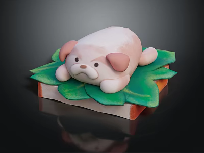Cute Pink Puppy Doll Lying on Green Leaf with Brick Base 3d model