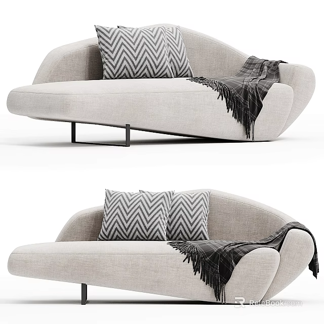 Curved Light Gray Sofa with Geometric Pattern Pillows Dark Throw Blanket and Black Metal Legs 3d model 