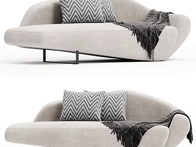 Curved Light Gray Sofa with Geometric Pattern Pillows Dark Throw Blanket and Black Metal Legs 3d model