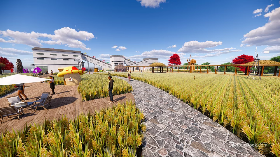 Scenic Rice Field With Stone Path Wooden Deck Colorful Trees And People Near Buildings 3d model 