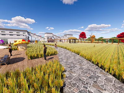 Scenic Rice Field With Stone Path Wooden Deck Colorful Trees And People Near Buildings 3d model