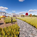 Scenic Rice Field With Stone Path Wooden Deck Colorful Trees And People Near Buildings