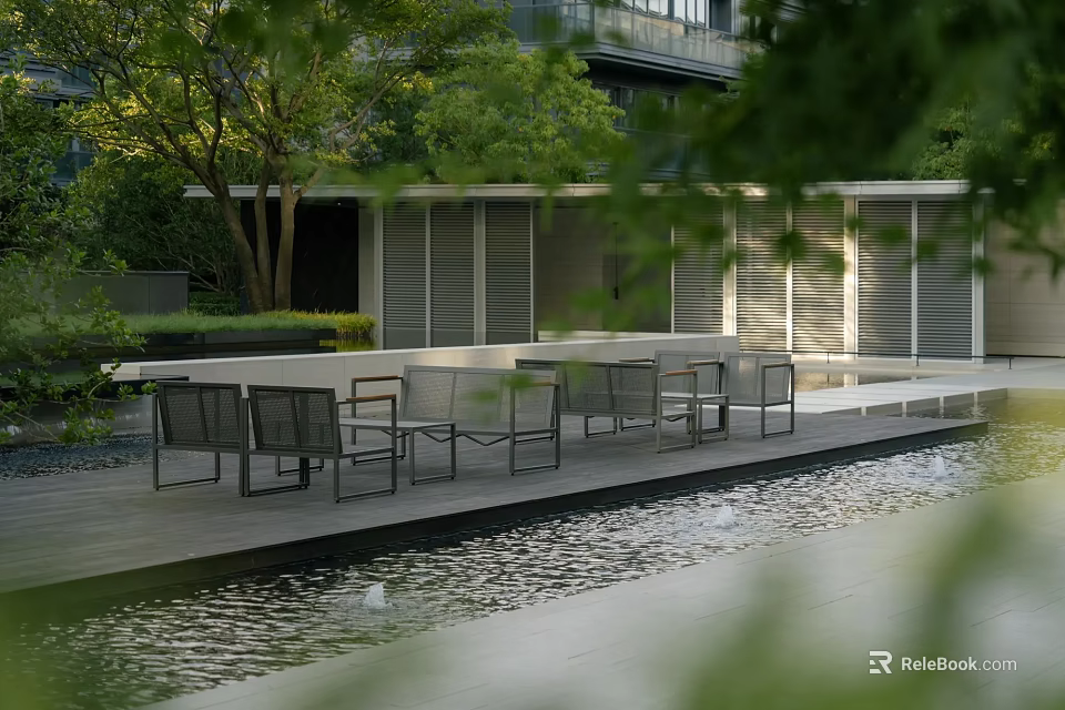 Stylish Outdoor Chairs On Patio With Pool And Trees Near Modern Building 3d model 