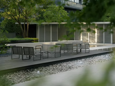 Stylish Outdoor Chairs On Patio With Pool And Trees Near Modern Building 3d model
