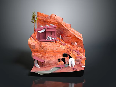 Red Rock Scenic Model With Small House Tree Figures And Cave 3d model
