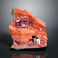 Red Rock Scenic Model With Small House Tree Figures And Cave