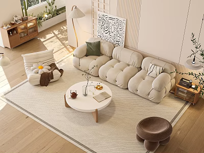 Plush Beige Sofa And Round Coffee Table Set With Modern Living Room Decor 3d model