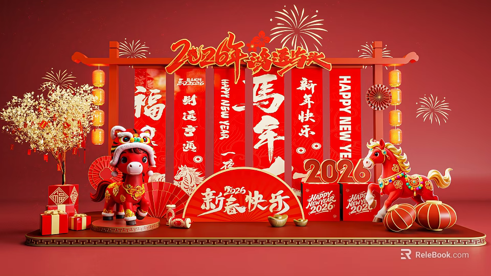 2026 Year of the Horse New Year Photo Spot With Red Lanterns Fu Decorations 3d model 
