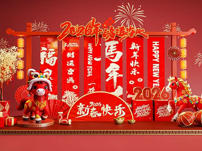 2026 Year of the Horse New Year Photo Spot With Red Lanterns Fu Decorations 3d model