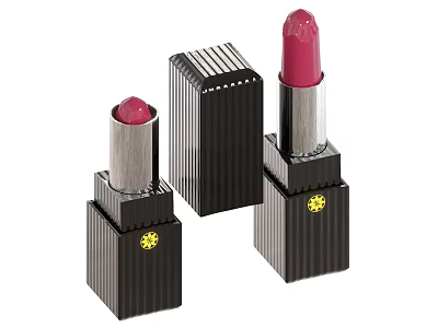 Stylish Open And Closed Lipstick Cosmetics Featuring Black Striped Packaging And Yellow Logo 3d model