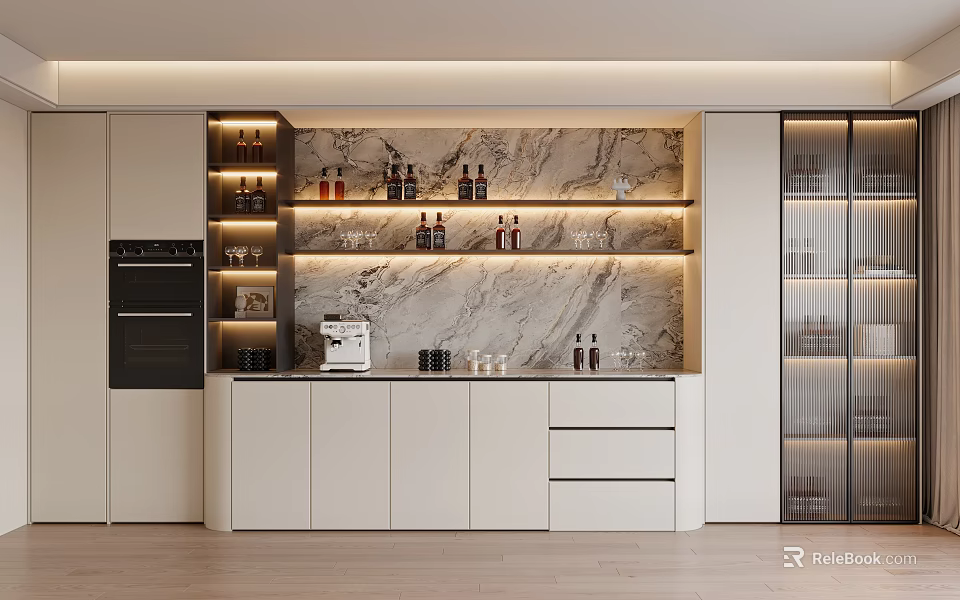 Modern Kitchen Sideboard with Marble Backsplash LED Lighting Open Shelves and Coffee Machine Setup 3d model 