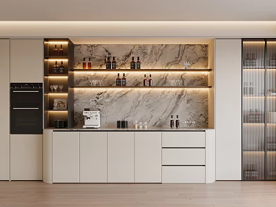 Modern Kitchen Sideboard with Marble Backsplash LED Lighting Open Shelves and Coffee Machine Setup 3d model