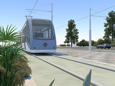 Scenic Urban Landscape With Modern Tram Green Trees And Blue Sky 3d model