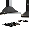 Modern Black Kitchen Appliances With Gold Accent Range Hoods And Gas Stoves